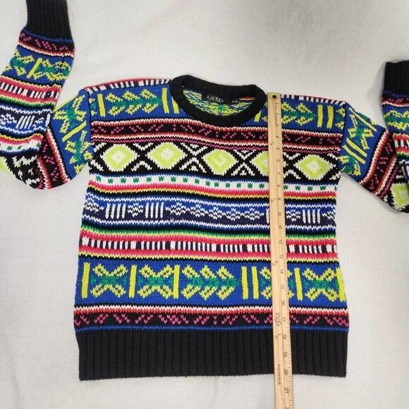 LAUREN Unisex Multicolor Geo-Motif Cotton-Linen Crewneck Sweater Size XS Ex. Con - Picture 14 of 16